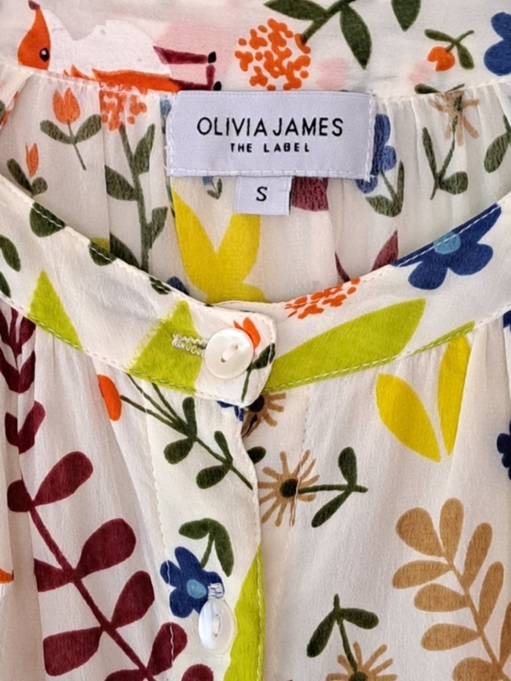 Olivia James Emory Blouse Almond Foxes Peasant Mandarin Collar Top Small - Picture 4 of 8